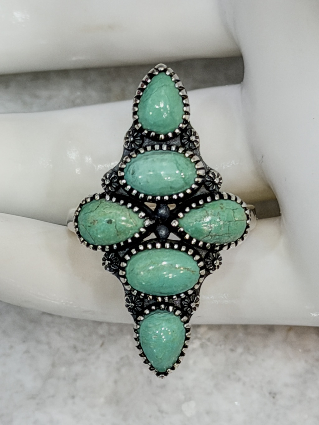 Royston Turquoise Black Oxidized Sterling Silver Boho Crawler Ring Sz 8